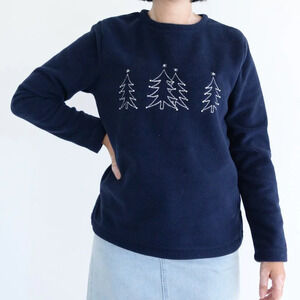 Vintage Holiday Editions Navy Embroidered Christmas Trees Fleece Crew Sweater S